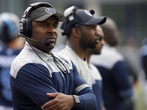 Toronto Argonauts' head coach Corey Chamblin looks on during preseason CFL game action against the Montreal Alouettes at Varsity Stadium in Toronto, Thursday, May 30, 2019.