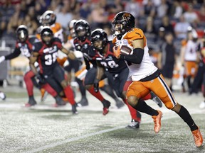 BC Lions wide receiver Lemar Durant (1) carries the the ball during second quarter CFL football action against the Ottawa Redblacks in Ottawa on Saturday, September 21, 2019.