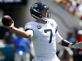 Sep 8, 2019; Jacksonville, FL, USA; Jacksonville Jaguars quarterback Nick Foles (7) throws a pass during the first quarter against the Kansas City Chiefs at TIAA Bank Field.
