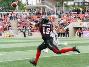 Dominique Rhymes #15 of the Ottawa Redblacks is unable to make the catch against the Toronto Argonauts during a CFL game held at TD Place on Sept. 7, 2019.