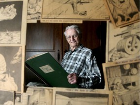 John Rutherford, 91, has kept a scrapbook with clippings and over 70 editorial cartoons from the Second Word War, collected as a child in Canada after being sent away from Britain for safety shortly after the war broke out.