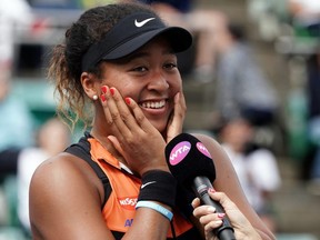 Naomi Osaka celebrates after winnings the singles final against Anastasia Pavlyuchenkova at the Toray Pan Pacific Open at Utsubo Tennis Center in Osaka, Japan, on Sept. 22, 2019.