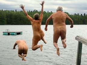 Three Sunward Naturist Park members take a dip.
