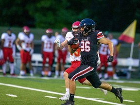 Wide receiver Quinton Soares (86) on the field as the Carleton Ravens fall to the Guelph Gryphons in their home opener on Sept, 1, 2019.