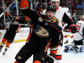 Ducks forward Ryan Kesler reacts to a goal scored by Jakob Silfverberg against the Senators during NHL action at Honda Center in Anaheim, Calif., on Jan. 9, 2019.