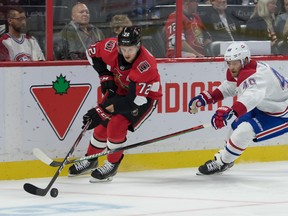 Montreal Canadiens right wing Joel Armia (right) gives chase to Ottawa Senators defenceman Thomas Chabot. (USA Today)