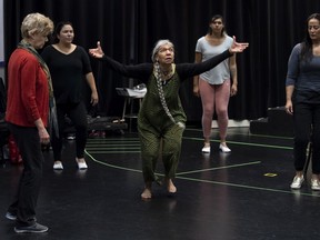 Monique Mojica performs with other cast members during a rehearsal for the NAC Indigenous Theatre's first production "The Unnatural and Accidental Women" in Ottawa, Wednesday August 28, 2019.