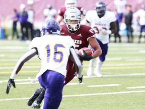 University of Ottawa receiver Tristin Park carries the ball to the end zone in the fourth quarter of the Gee-Gees' game against Laurier on Saturday, Sept. 14, 2019.