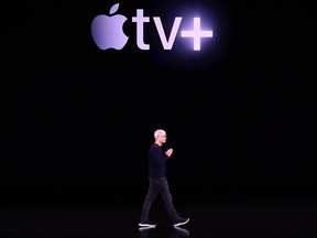 Apple CEO Tim Cook speaks on-stage during a product launch event at Apple's headquarters in Cupertino, Calif., on Sept. 10, 2019.