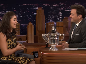 Canadian tennis U.S. Open champion Bianca Andreescu chats with comedian Jimmy Fallon.