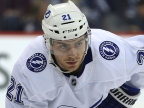 Tampa Bay Lightning forward Brayden Point lines up for a faceoff against the Winnipeg Jets in Winnipeg on Sun., Dec. 16, 2018.