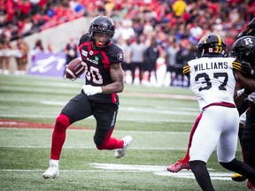 Ottawa Redblacks #80 Caleb Holley during the first quarter of the game against the Hamilton Tiger-Cats at TD Place, Saturday August 17, 2019.