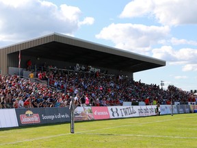 Fans fill the bleachers for International Rugby match between Canada and USA at Twin Elm Rugby Park Saturday, August 22, 2015.
