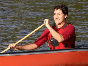Liberal Leader Justin Trudeau canoes around Lake Laurentian during a campaign stop at the Lake Laurentian Conservation Area in Sudbury on Thursday, Sept. 26, 2019.
