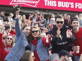 Fans cheer on the Carleton Ravens at the Panda Game against the University of Ottawa Gee-Gees in Ottawa on Saturday, September 29, 2018.