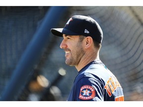 Justin Verlander #35 of the Houston Astros looks on during batting practice prior to game three of the American League Championship Series against the New York Yankees at Yankee Stadium on October 15, 2019 in New York City.
