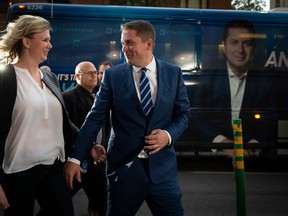 Leader of the Conservative Party of Canada Andrew Scheer arrives with wife, Jill Scheer, arrive for the French debate in Montreal on Oct. 2, 2019. (AFP/Getty)