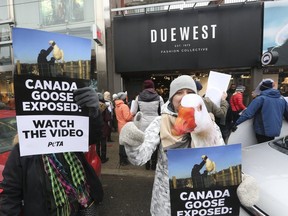 PETA supporters are pictured at a protest outside Canada Goose retailer Due West on Queen St. W. on Nov. 18, 2017. (Stan Behal, Toronto Sun)