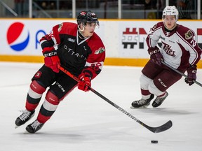 Ottawa 67’s Nikita Okhotyuk, clad in the team’s ‘Friends night’ jersey, skates against the Petes on Friday night. (VALERIE WUTTI PHOTO)