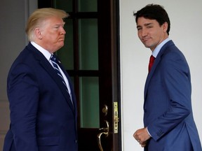 U.S. President Donald Trump welcomes Prime Minister Justin Trudeau at the White House in Washington, U.S., June 20, 2019. REUTERS/Yuri Gripas