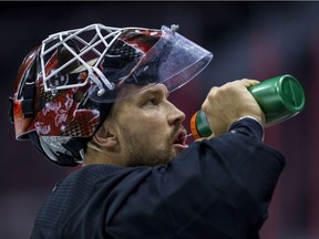 Ottawa Senators goaltender Anders Nilsson takes a break from team practice on Tuesday, Oct. 8, 2019.
