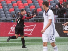 As Cole Turner (51) of Bethlehem Steel FC looks on, Ottawa Fury FC captain Carl Haworth (9) celebrates after scoring a goal in the first half of a United Soccer League Championship game at TD Place stadium on Saturday, Oct. 12, 2019. Steve Kingsman / Freestyle Photography / Ottawa Fury FC