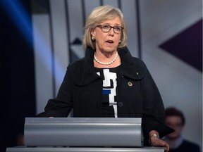 Green party Leader Elizabeth May speaks during the federal leaders debate at the Canadian Museum of History in Gatineau on Monday, Oct. 7, 2019.