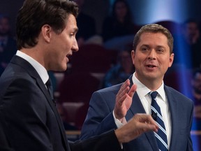 Conservative leader Andrew Scheer (R) and Canadian Prime Minister and Liberal leader Justin Trudeau debate a point during the Federal Leaders Debate at the Canadian Museum of History in Gatineau, Quebec on October 7, 2019. (Photo by Sean Kilpatrick / POOL / AFP) / ALTERNATIVE CROP (Photo by SEAN KILPATRICK/POOL/AFP via Getty Images)
