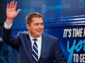 Conservative leader Andrew Scheer gestures as he attends an English language debate at the Canadian Museum of History in Gatineau, Que., on Monday, Oct. 7, 2019.