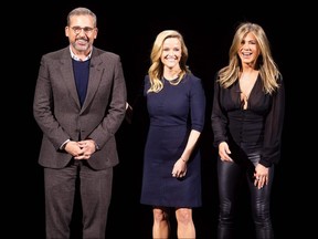 Actors Steve Carell, Reese Witherspoon and Jennifer Aniston speak during an event launching Apple tv+ at Apple headquarters in Cupertino, Calif., on March 25, 2019.