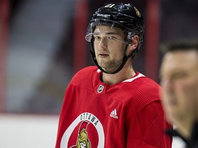 Ottawa Senator forward Logan Brown at team practice on Thursday, Oct. 24, 2019. Brown played just over 12 minutes against the Red Wings on Wednesday night.