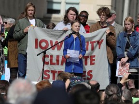 Climate-change activist Greta Thunberg joins a climate strike march in Iowa City on Oct. 4, 2019.