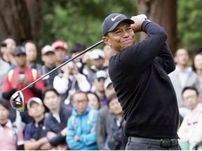 Tiger Woods tees off on the 11th hole during the first round of the Zozo Championship, a PGA Tour event, at Narashino Country Club in Inzai, Chiba Prefecture, east of Tokyo, Japan October 24, 2019, in this photo released by Kyodo. Mandatory credit Kyodo/via REUTERS ATTENTION EDITORS - THIS IMAGE WAS PROVIDED BY A THIRD PARTY. MANDATORY CREDIT. JAPAN OUT. ORG XMIT: TOK005