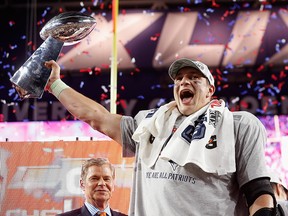 Rob Gronkowski of the New England Patriots celebrates with the Vince Lombardi Trophy after Super Bowl XLIX at University of Phoenix Stadium on Feb. 1, 2015 in Glendale, Ariz.