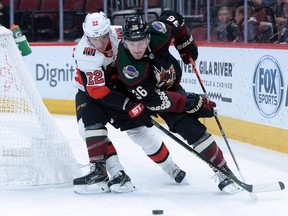 Arizona Coyote Christian Fischer skates the puck against Ottawa Senators defenceman Nikita Zaitsev during the second period at Gila River Arena on Saturday, Oct. 19, 2019.