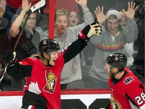 Ottawa Senators left wing Vladislav Namestnikov (left) celebrates his goal against the Tampa Bay Lightning in the third period at the Canadian Tire Centre on Saturday.