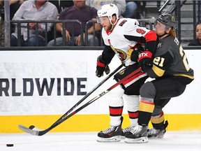 Senators winger Bobby Ryan (9) in action against the Golden Knights' Cody Eakin (21) during a mid-October game in Las Vegas.