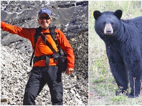 Dave Schwab said he's never had a problem hiking through the Rocky Mountains (pictured left) in "grizzly bear country," but his latest encounter with a black bear (pictured right) in Kenora, Ont., was much more harrowing.