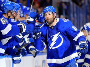 Pat Maroon of the Tampa Bay Lightning celebrates a goal during the home opener against the Florida Panthers at Amalie Arena on October 3, 2019 in Tampa, Florida. (Mike Ehrmann/Getty Images)