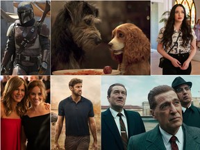Clockwise from top left: The Mandalorian; Lady and the Tramp; Dollface; The Irishman; Jack Ryan and The Morning Show.