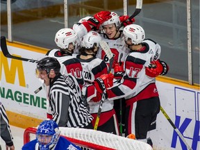 The 67’s celebrate one of their six goals against the visiting Mississauga Steelheads on Friday night in Ottawa. (Valerie Wutti Photo)