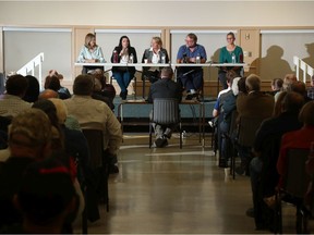 A Kanata-Carleton all-candidates meeting was held in Kinburn on Tuesday, Sept 24, 2019. Conservative candidate Justina McCaffrey, the NDP's Melissa Coenraad, the Liberals' Karen McCrimmon, the People's Party of Canada's Scott Miller and the Green party's Jennifer Purdy are pictured from left to right.