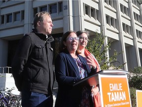 NDP candidate Morgan Gay (Ottawa South), Emilie Taman (Ottawa Centre) and Angella MacEwen Ottawa West-Nepean) made an announcement on Phoenix at Tunney's pasture in Ottawa on Tuesday.