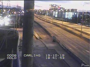 A screen shot from a Ministry of Transportation online traffic camera showing closed eastbound and westbound portions of the Queensway on the evening of Saturday, Oct. 19, 2019. The closure was to be in effect until late morning on Oct. 20 to allow for work on the Harmer Avenue pedestrian bridge.