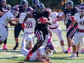 The Carleton Ravens' Josh Ferguson runs it in for a touchdown against the McMaster Marauders at MNP Park on Friday, Oct. 11, 2019. Valerie Wutti, Carleton University