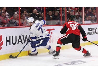 Victor Hedman tries to avoid Vladislav Namestnikov in the first period as the Ottawa Senators take on the Tampa Bay Lightning in NHL action at the Canadian Tire Centre. Photo by Wayne Cuddington / Postmedia