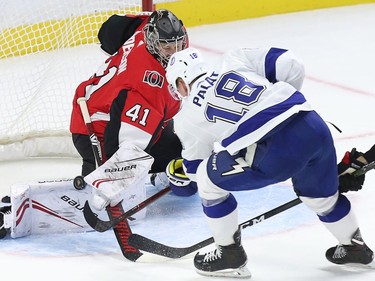 Craig Anderson fails to stop a shot from Ondrej Palat in the second period as the Ottawa Senators take on the Tampa Bay Lightning in NHL action at the Canadian Tire Centre. Photo by Wayne Cuddington / Postmedia