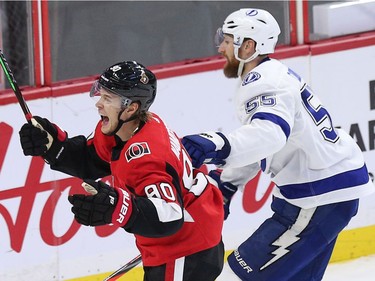 Vladislav Namestnikov celebrates after scoring his first goal as a Senator to put the team up by a goal in the third period as the Ottawa Senators would go on to beat the Tampa Bay Lightning 4-2 in NHL action at the Canadian Tire Centre. Photo by Wayne Cuddington / Postmedia
