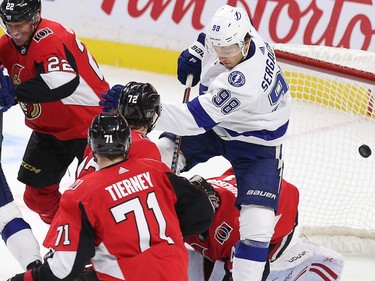 A Tampa Bay goal is disallowed after review due to goalie interference from Mikhail Sergachev in the third period as the Ottawa Senators take on the Tampa Bay Lightning in NHL action at the Canadian Tire Centre. Photo by Wayne Cuddington / Postmedia