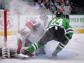 Ottawa Senators goaltender Anders Nilsson stops a shot by Dallas Stars left wing Roope Hintz during the second period at the American Airlines Center. The Sens lost 2-1. (USA Today)